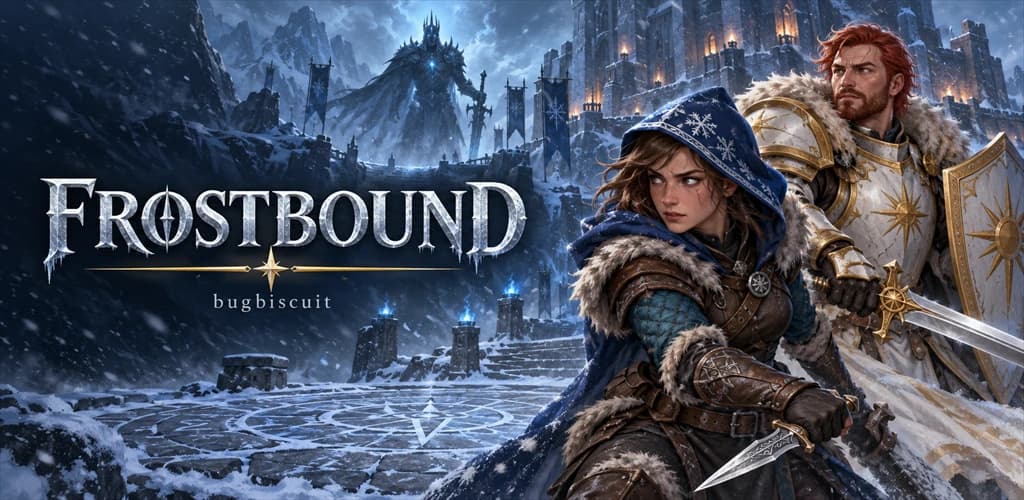 Frostbound: two adventurers in front of a frozen fortress