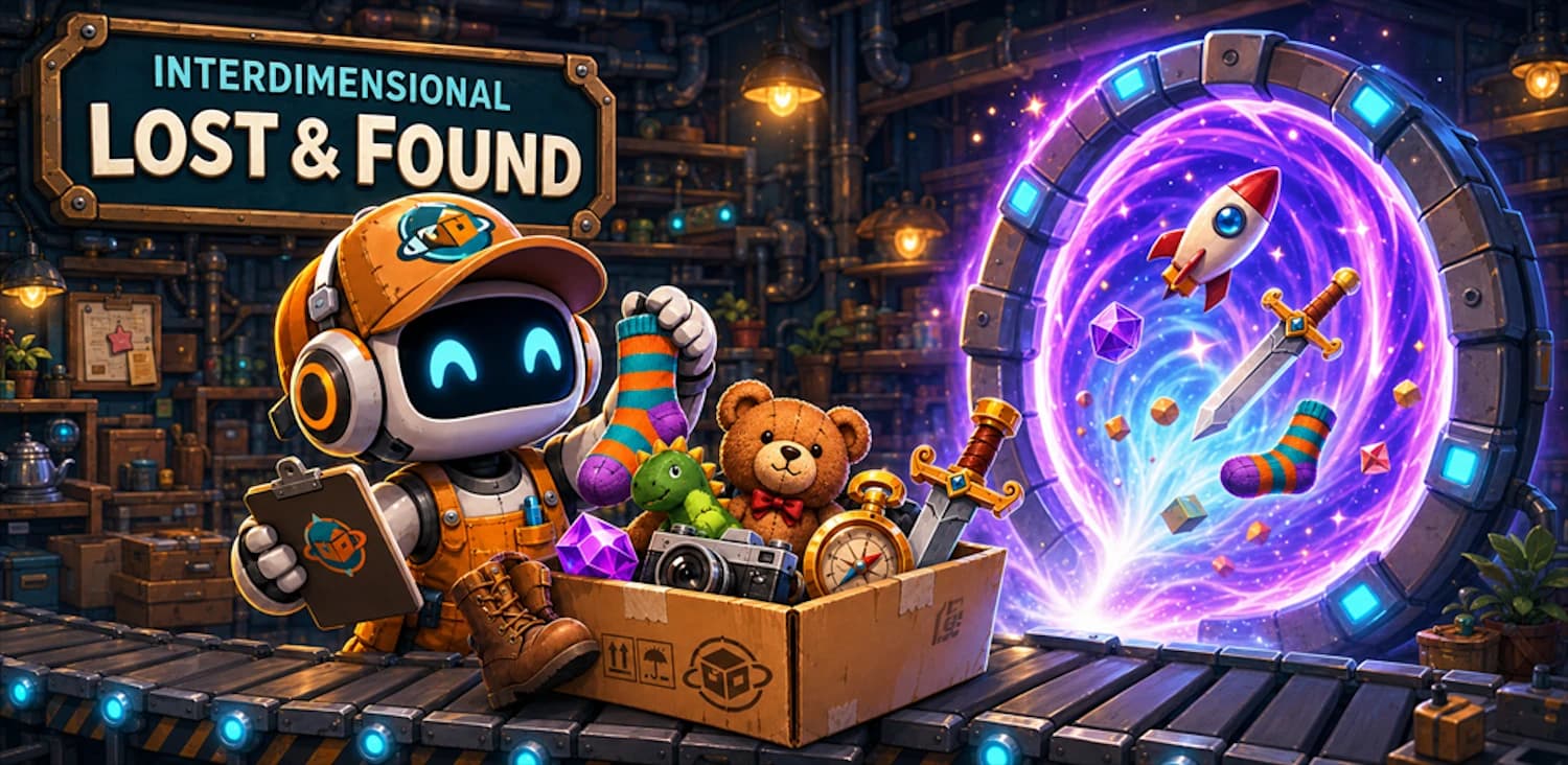 Interdimensional Lost & Found: a robot sorting lost objects beside a colourful portal